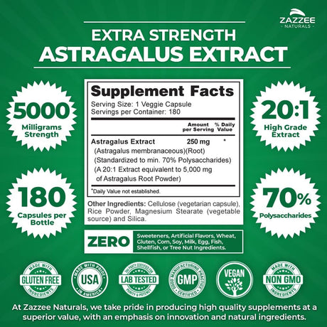 Zazzee Extra Strength Astragalus Root 20:1 Extract 5000Mg. 180 Capsulas