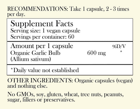 Herbal Roots Organic Whole Bulb Garlic Pills 600Mg. 60 Capsulas