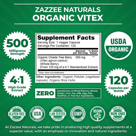 Zazzee USDA Organic Baya Casto 500Mg. 120 Capsulas