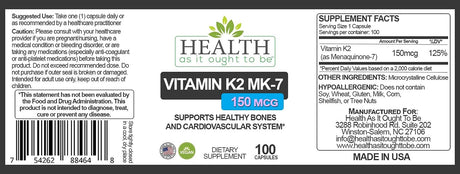 Health As It Ought To Be Vitamin K2 MK-7 150mcg 100 Capsulas