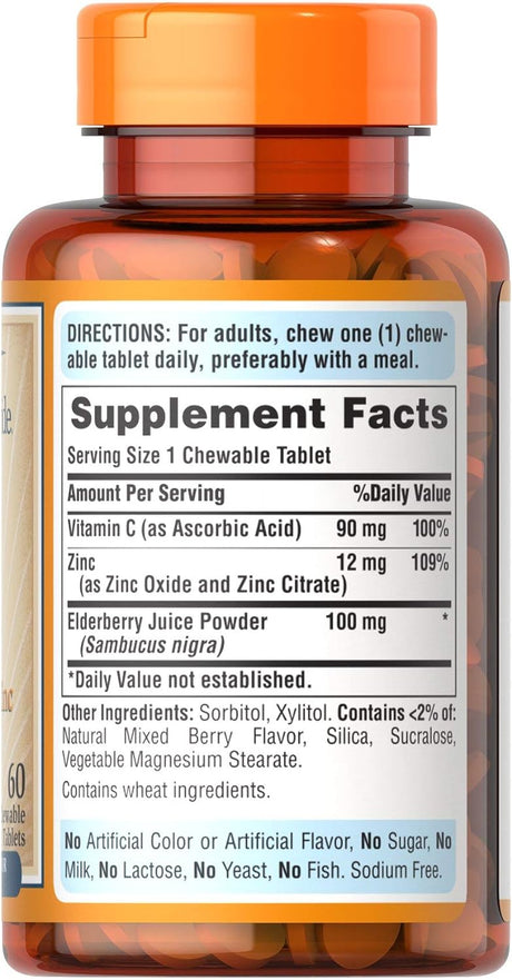 Puritan's Pride Vitamin C with Elderberry & Zinc 60 Tabletas Masticables