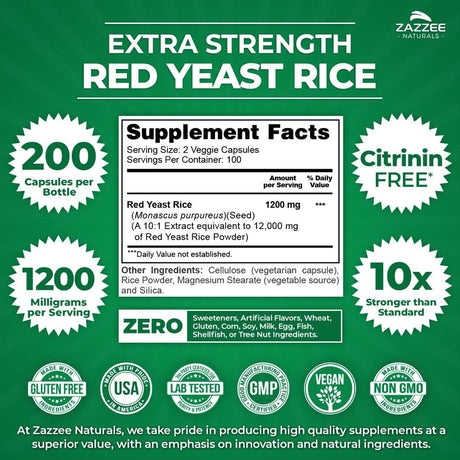 Zazzee Extra Strength Red Yeast Rice 1200Mg. 200 Capsulas