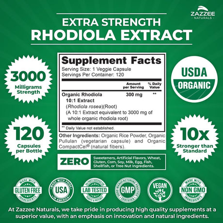 Zazzee USDA Organic Rhodiola 10:1 Exract 3000Mg. 120 Capsulas