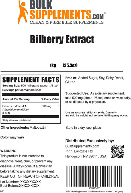 Bulk Supplements Bilberry Extract Powder 1 Kg.