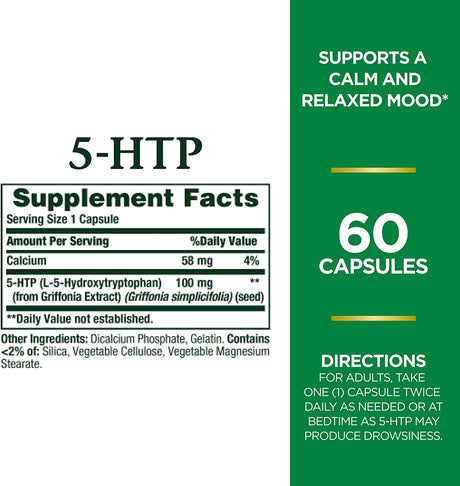 Nature's Bounty 5-HTP Pills and Dietary Supplement 100Mg. 60 Capsulas