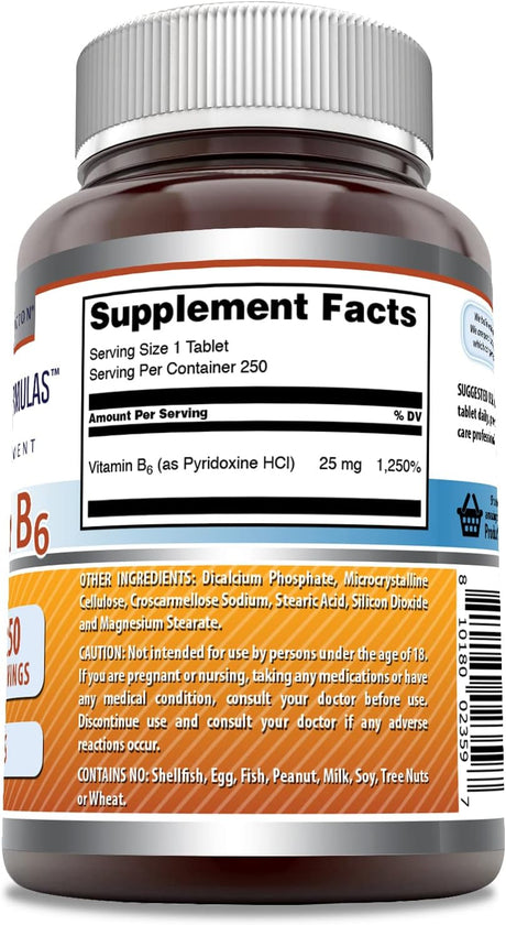 Amazing Formulas Vitamin B6 25Mg. 250 Tabletas