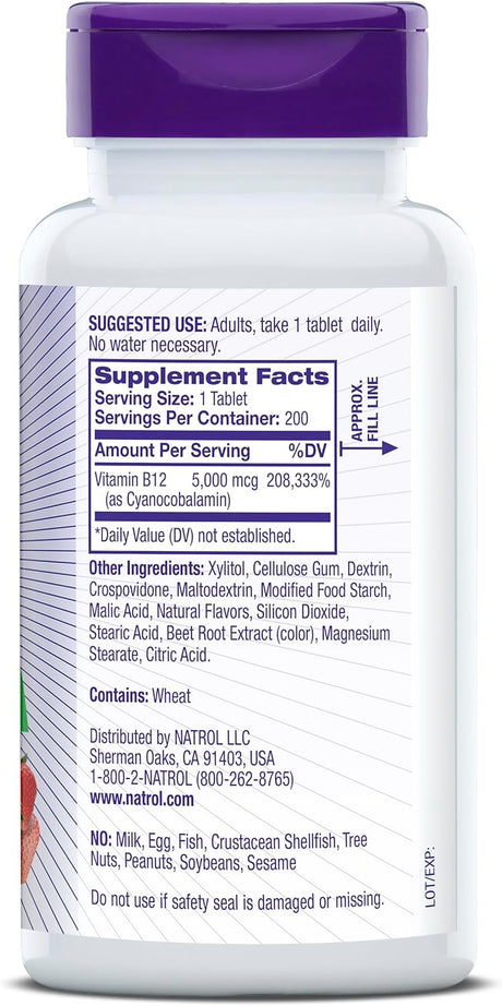 Natrol Vitamin B-12 5000mcg Strawberry-Flavored Fast Dissolve 200 Tabletas