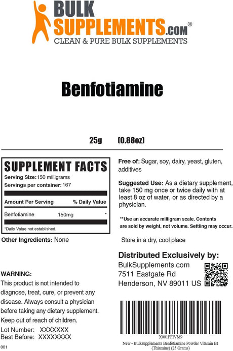 Bulk Supplements Benfotiamine Powder 25Gr.