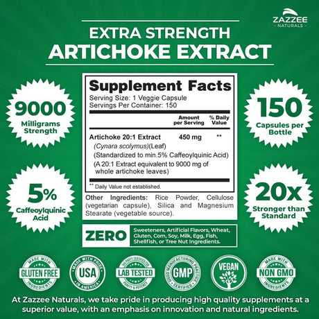 Zazzee Extra Strength Artichoke 20:1 Extract 9000Mg. 150 Capsulas