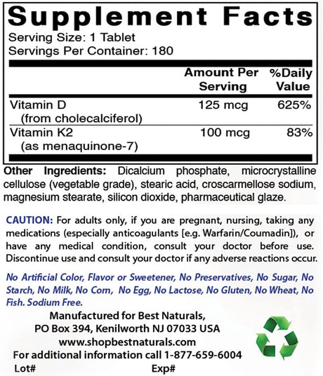 Best Naturals Vitamin K2 (MK7) with D3 180 Tabletas
