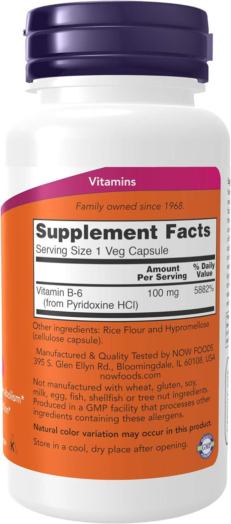 NOW Supplements Vitamin B-6 100Mg. 100 Capsulas