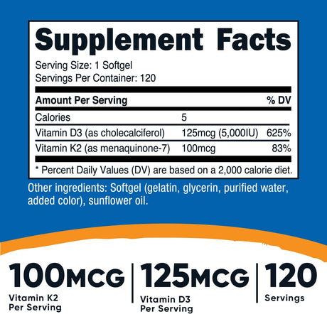 Nutricost Vitamin K2 (MK7) + Vitamin D3 120 Capsulas Blandas