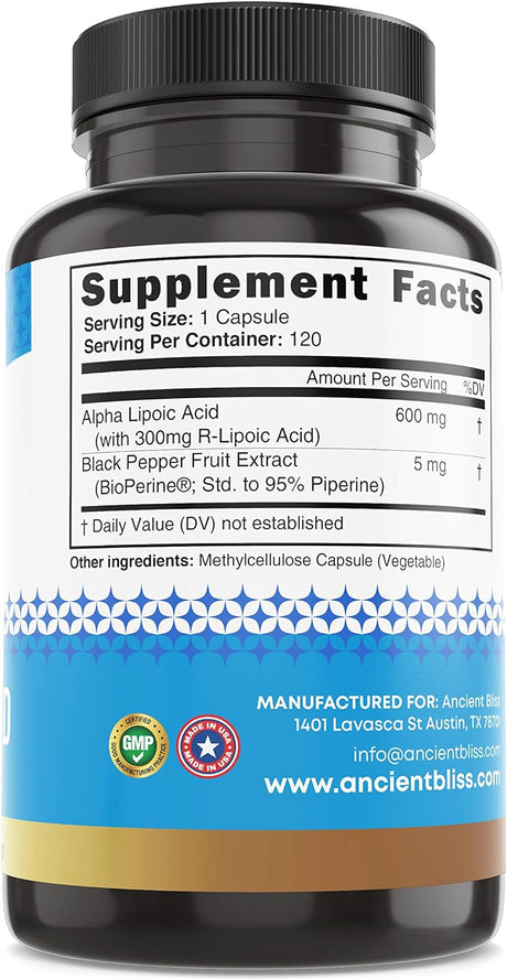 Ancient Bliss Alpha Lipoic Acid 600Mg. 120 Capsulas