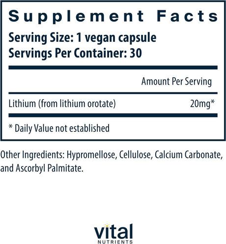 Vital Nutrients Lithium Orotate 20Mg. 30 Capsulas
