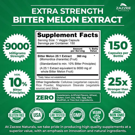 Zazzee Extra Strength Bitter Melon 25:1 Extract 9000Mg. 150 Capsulas