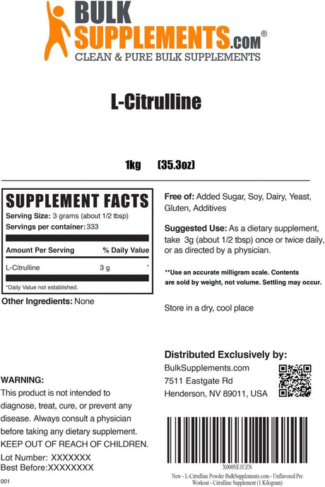 Bulk Supplements L-Citrulline Powder 1Kg.