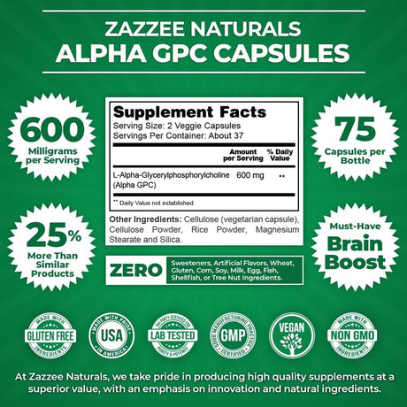 Zazzee Alpha GPC Choline 300Mg. 75 Capsulas