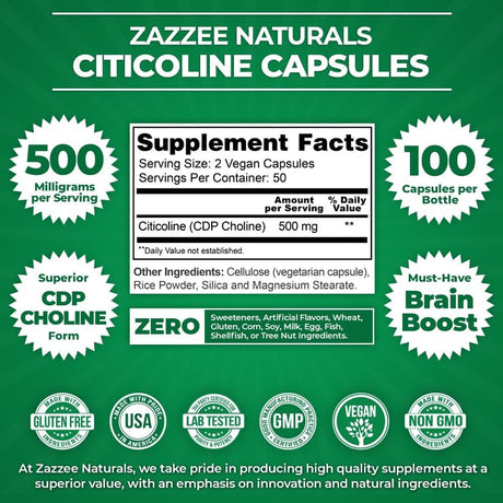 Zazzee Extra Strength Citicoline 500Mg. 100 Capsulas