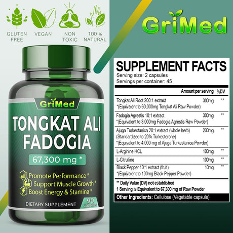 GriMed Concentrated Extract Tongkat Ali + Fadogia Agrestis 67300Mg. 90 Capsulas