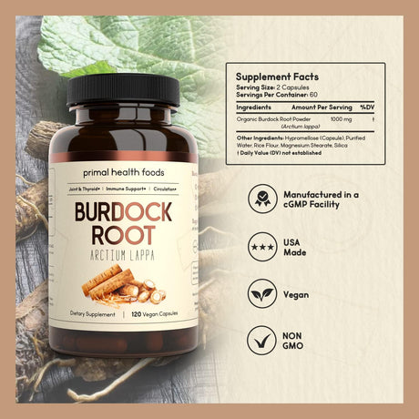 Primal Health Foods Organic Burdock Root 1000Mg. 120 Capsulas