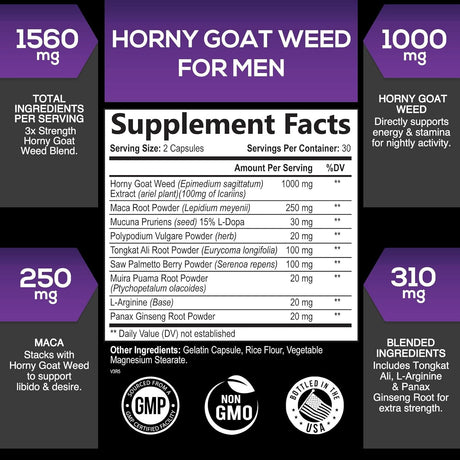 SILVERONYX Extra Strength Horny Goat Weed Extract 1560Mg. 60 Capsulas