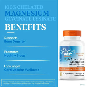 DOCTOR'S BEST - Doctor's Best High Absorption Magnesium Lysinate Glycinate 120 Capsulas - The Red Vitamin MX - Suplementos Alimenticios - {{ shop.shopifyCountryName }}