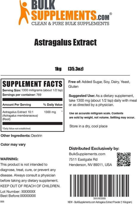 Bulk Supplements Astragalus Extract Powder 1300Mg. 1Kg.