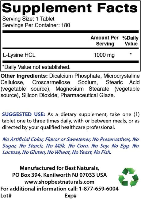 Best Naturals L-Lysine 1000Mg. 180 Tabletas