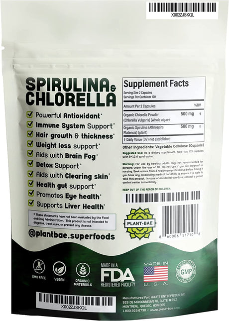 Plant-Bae Spirulina and Chlorella 240 Capsulas