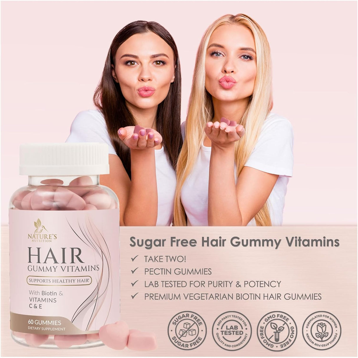 Nature's Nutrition Sugar Free Hair Vitamins Gummies with Biotin 60 Gomitas