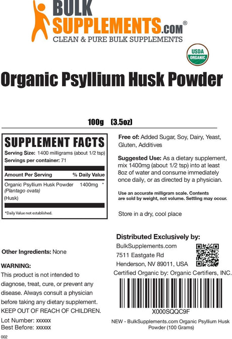 Bulk Supplements Organic Psyllium Husk Powder 100Gr.
