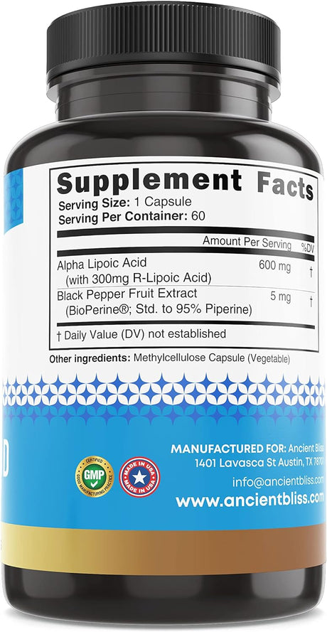 Ancient Bliss Alpha Lipoic Acid 600Mg. 60 Capsulas