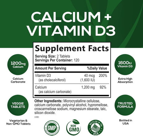 Nature's Nutrition Calcium Vitamin D3 1200Mg. 240 Tabletas