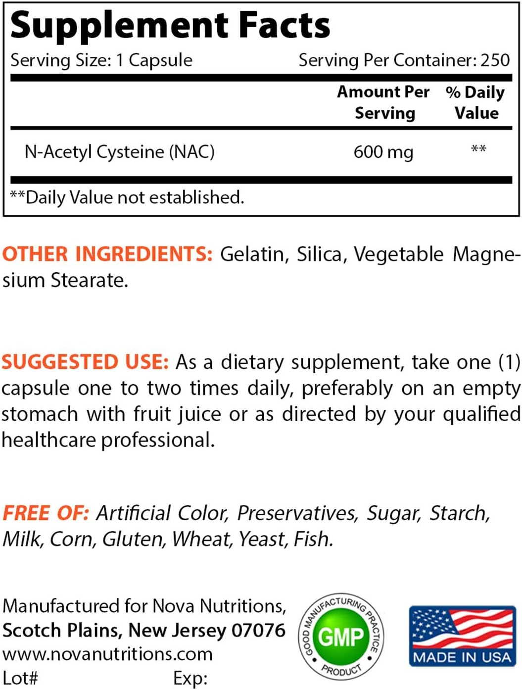 Nova Nutritions N-Acetyl L-Cysteine NAC 600Mg. 250 Capsulas