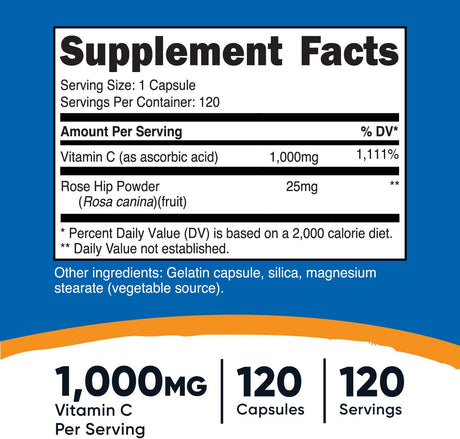 Nutricost Vitamin C with Rose Hips 1000Mg. 120 Capsulas