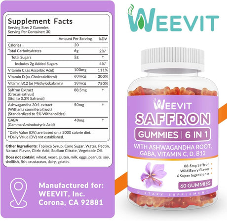 WEEVIT Saffron Supplement Gummies 88.5Mg. 60 Gomitas