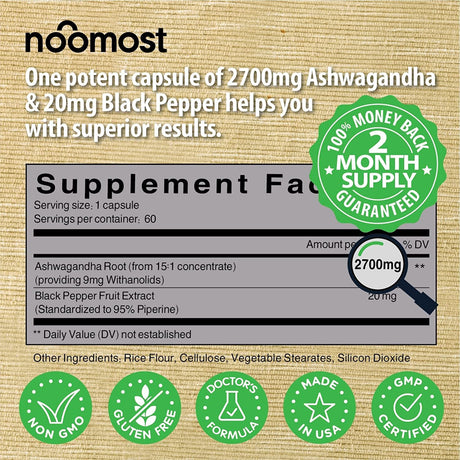 NooMost Organic Ashwagandha 2700Mg. 60 Capsulas