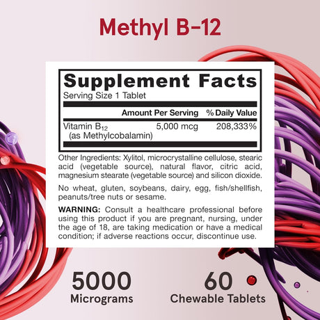 Jarrow Formulas Maximum Strength Methyl B-12 5000mcg 60 Tabletas Masticables