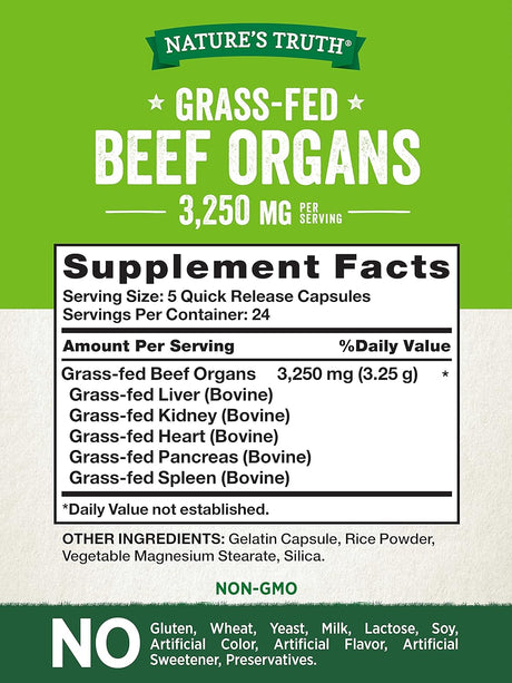 Nature's Truth Grass Fed Beef Organs 3250Mg. 120 Capsulas