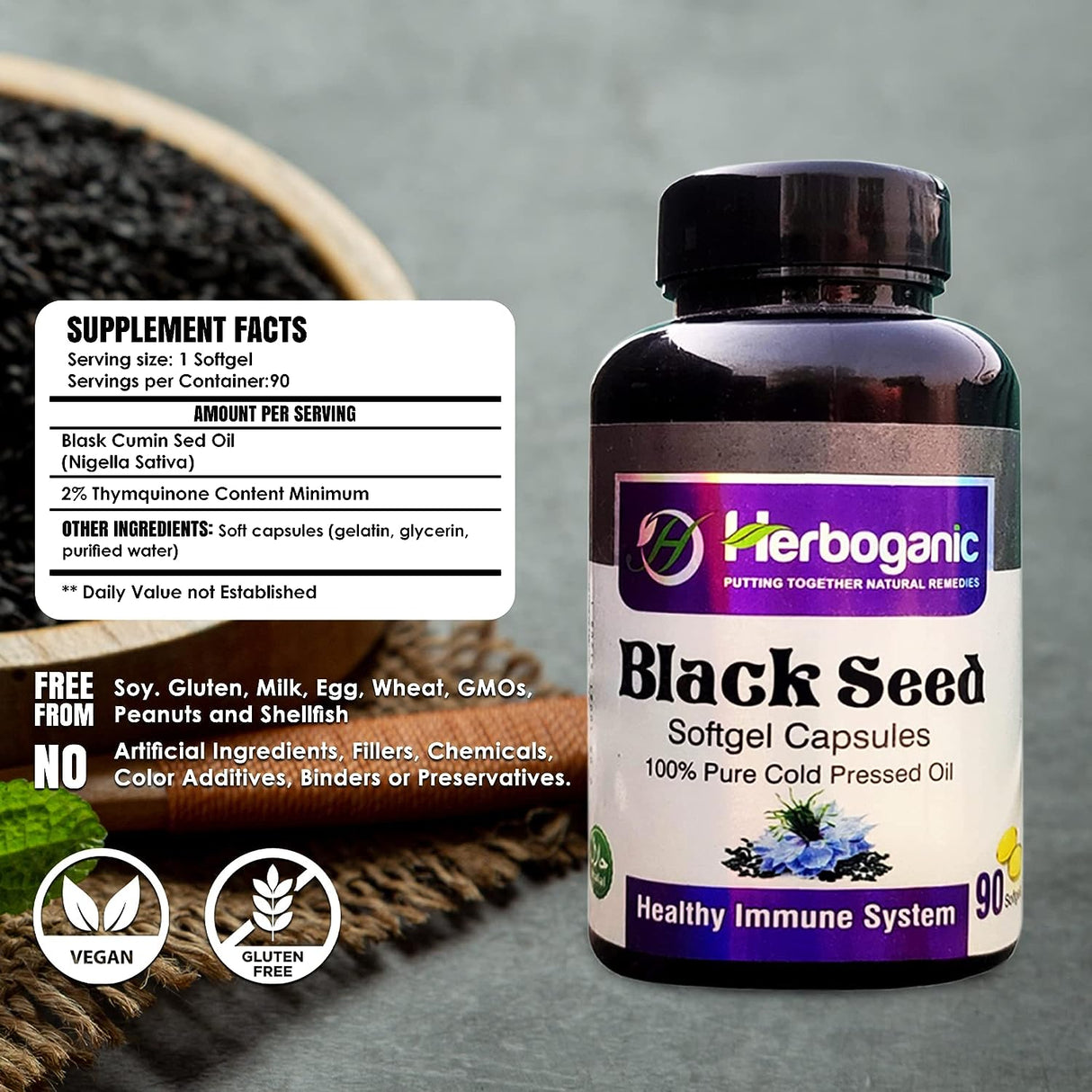 HERBOGANIC Cold Pressed Black/Seed Oil Softgels 90 Capsulas Blandas
