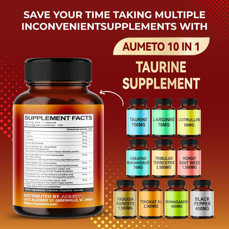 Aumeto Taurine Enhanced with L-Arginine, L-Citrulline, Creatine, Fadogia, Tongkat Ali 150 Capsulas