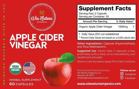 Via Natura Organics Apple Cider Vinegar Capsules 1000Mg. 60 Capsulas