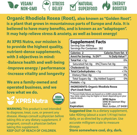 XPRS Nutra Organic Rhodiola Rosea Powder 4oz.