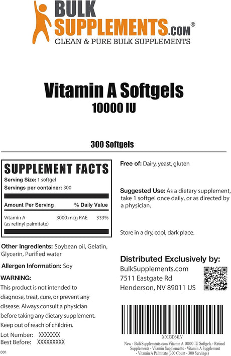 Bulk Supplements Vitamin A 10000 IU 300 Capsulas Blandas