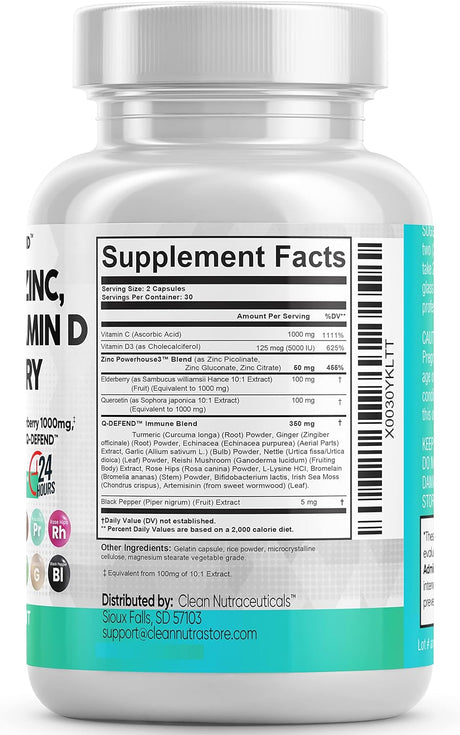 Clean Nutraceuticals Quercetin 1000Mg. Zinc 50Mg. Vitamin C 1000Mg. Vitamin D 5000 IU Bromelain Elderberry 60 Capsulas