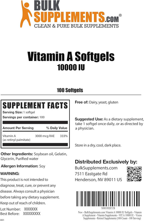 Bulk Supplements Vitamin A 10000 IU 100 Capsulas Blandas