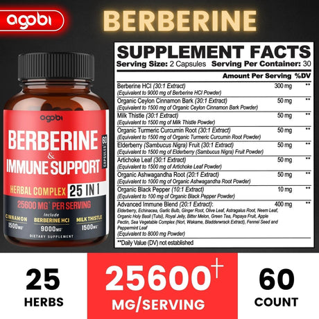 Agobi 25in1 Premium Berberine Supplement 25600Mg. 60 Capsulas
