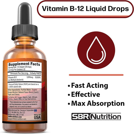 SBR Nutrition Vitamin B12 Sublingual Liquid Drops 3000mcg 60Ml.