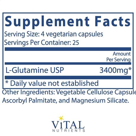 Vital Nutrients Glutamine 3400Mg. 100 Capsulas