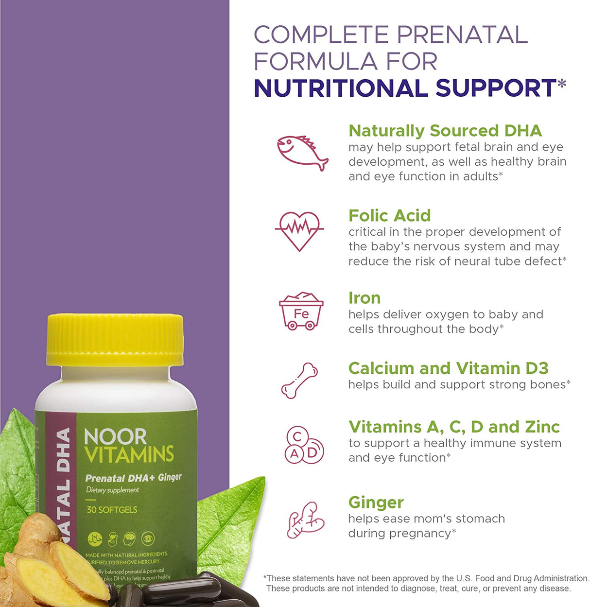 Noor Vitamins Halal Prenatal Vitamins with DHA and Folic Acid 30 Capsulas Blandas